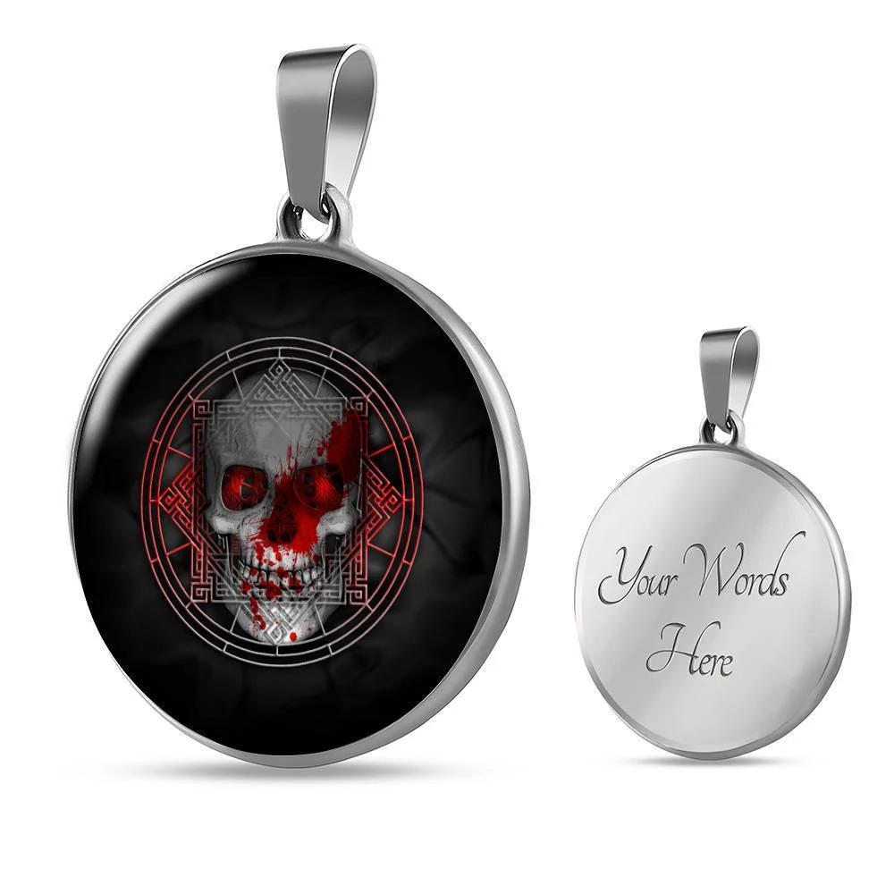 Skull Death Circle Pendant Necklace Stainless Steel 24 Inch Chain Silver Tone o